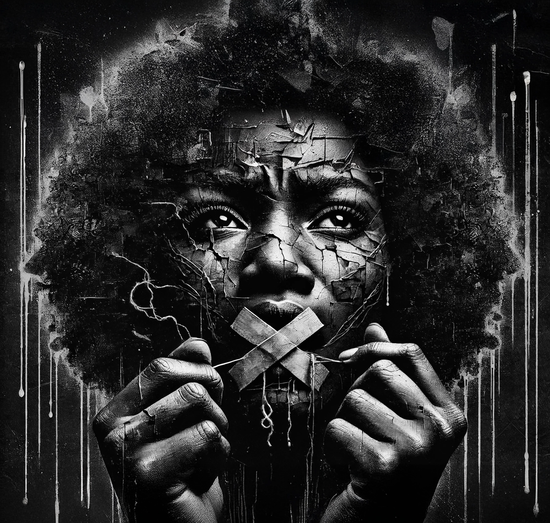 A monochrome image of a woman with tape over her mouth, her face appearing cracked like weathered paint, symbolizing silenced voices and personal struggle. Her hands are near her face, pulling at the tape as if reclaiming her voice. The background is textured and abstract, emphasizing raw emotion and resilience. - ThatDamnScale.com